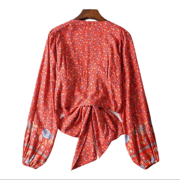Boho Floral Print Gypsy Crop Top Tied Long Sleeve - Picture 8 of 17